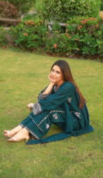 Embroidered Soft Cotton 3-Piece Suit-deep teal or dark turquoise - Image 2