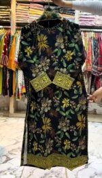 Black Floral Printed 3-Piece Suit with Yellow Printed Cuffs - Image 3