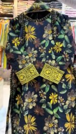 Black Floral Printed 3-Piece Suit with Yellow Printed Cuffs