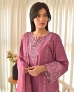 Elegant Embroidered 3-Piece Dress Set (Onion Color)