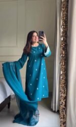 Teal Blue Embroidered Lawn 3-Piece Suit with Chiffon Dupatta - Image 4