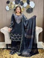 Malaysian Stone Muslim Cotton Palazzo Suit Set for Women – Festive & Party Wear (Maroon & Black Variants) - Image 2