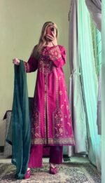 Luxury Embroidered 3-Piece Dress Set – Deep Magenta Edition - Image 4