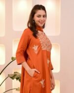 Embroidered Cotton 3-Piece Suit – Coffee & Orange (Dual Color Options) - Image 3