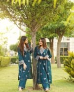 Embroidered Soft Cotton 3-Piece Suit-deep teal or dark turquoise - Image 4