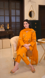 Mustard Floral Embroidered 3-Piece stitched Cotton Suit - Image 5