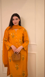 Mustard Floral Embroidered 3-Piece stitched Cotton Suit - Image 2