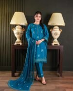 Elegant Teal Blue Embroidered 3-Piece Suit