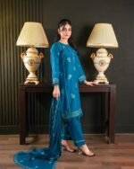 Elegant Teal Blue Embroidered 3-Piece Suit - Image 5